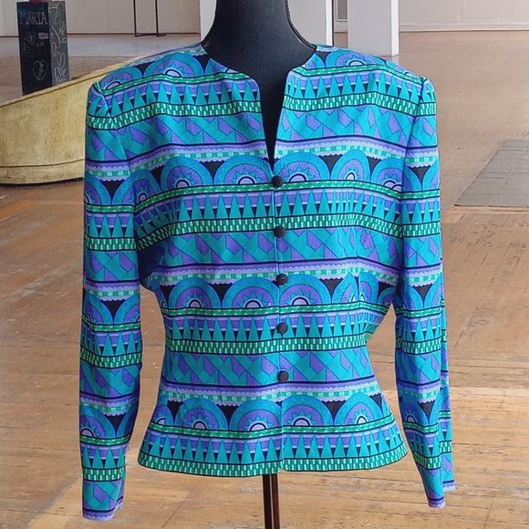 Vintage Jackets & Blazers - Vintage 100% silk Purple bluescreen black geometric print blazer